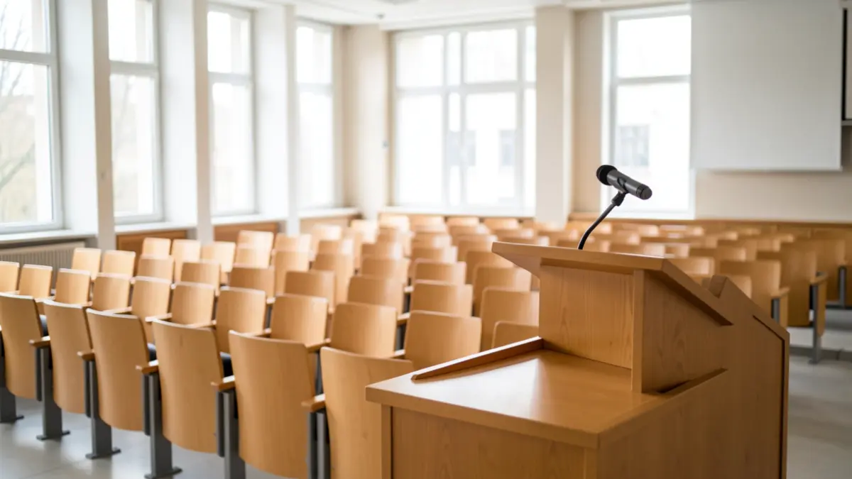 Imagen genérica de un auditorio universitario con un podio y micrófono.