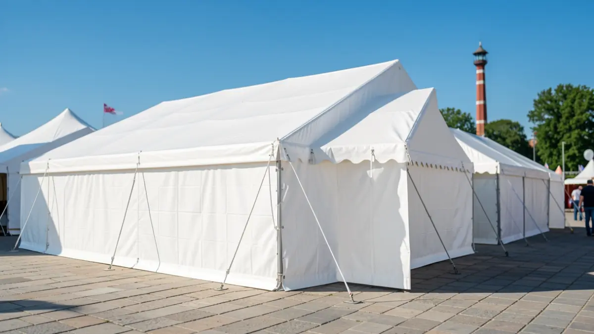 White modular structures for fair stalls in the Almería fairground.