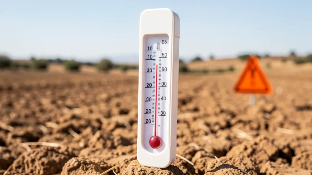 Termómetro marcando alta temperatura en un paisaje seco de Andalucía con símbolo de alerta naranja.