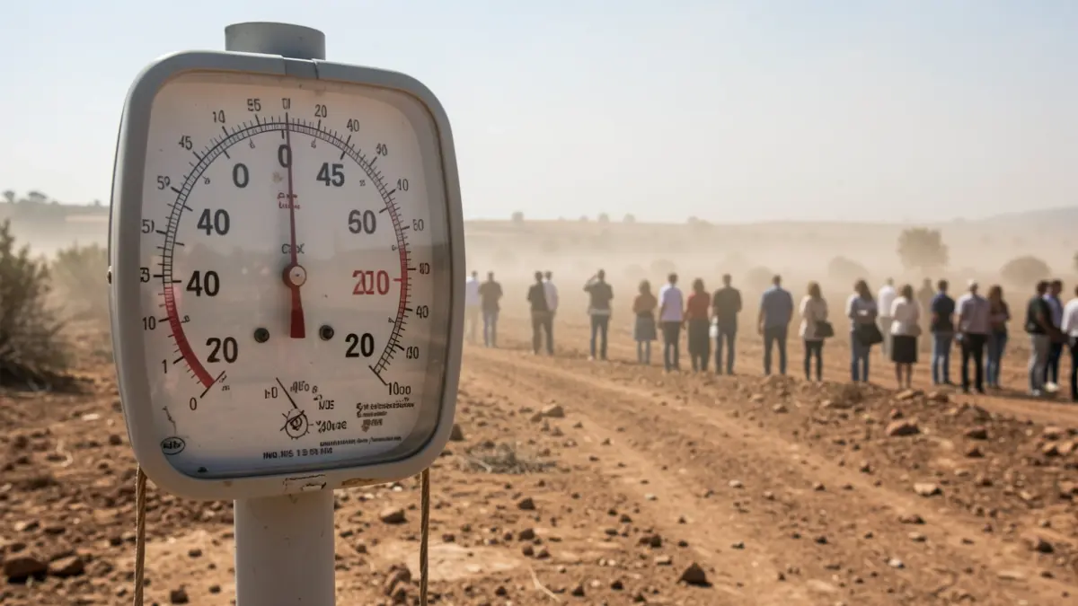 Termómetro marcando más de 45 grados en un paisaje seco y soleado de Andalucía.