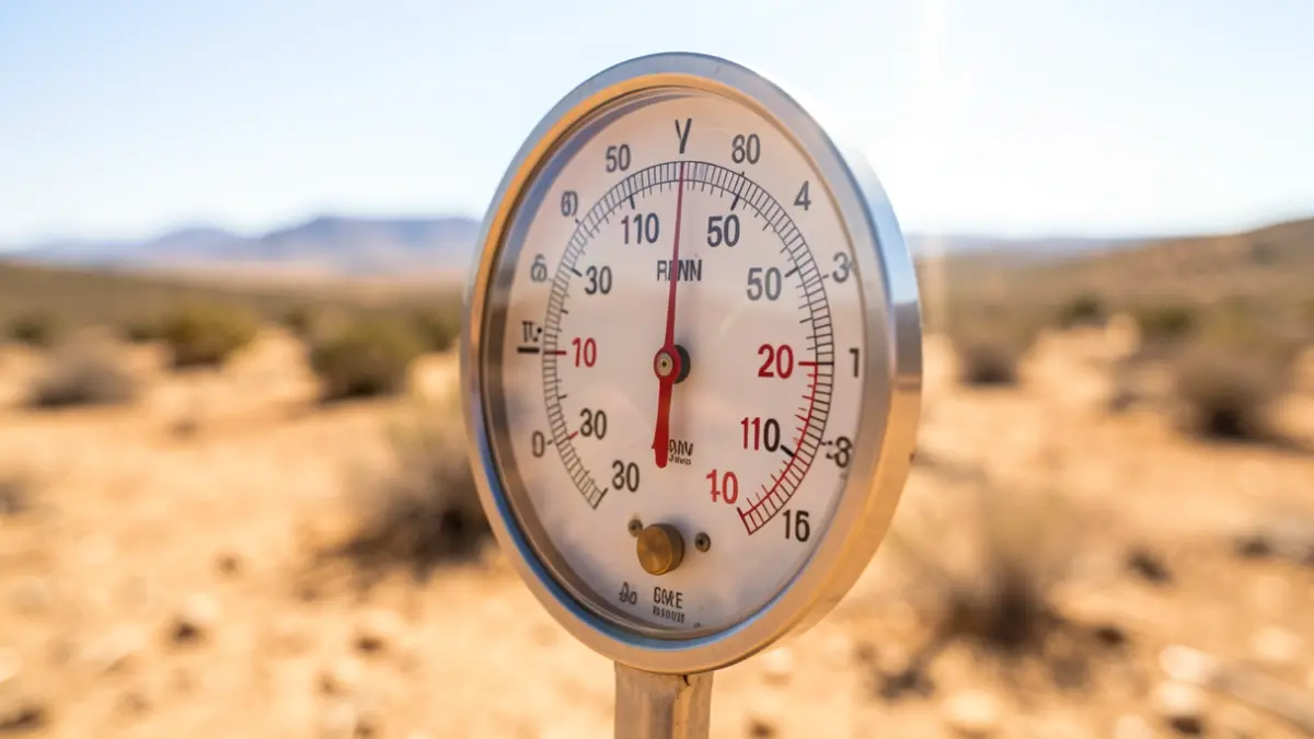 Thermometer showing an extremely high temperature under a scorching sun in an arid landscape.