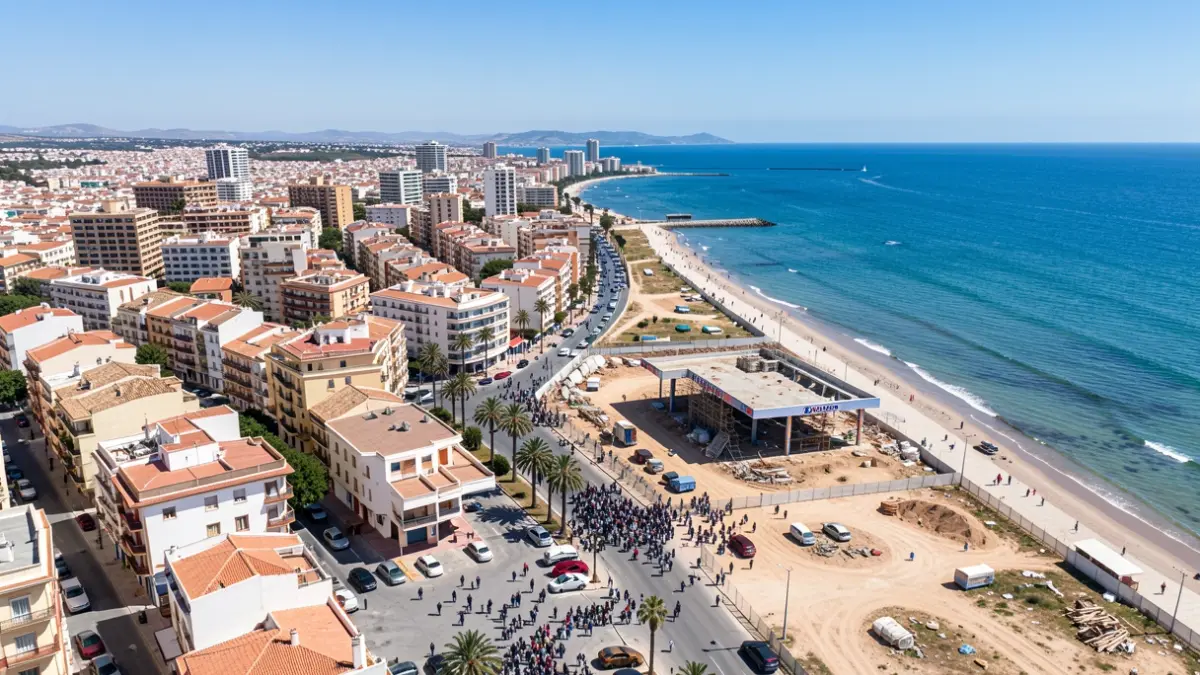 Aerial view of Almería's maritime facade with a gas station being demolished and a new complex under construction.