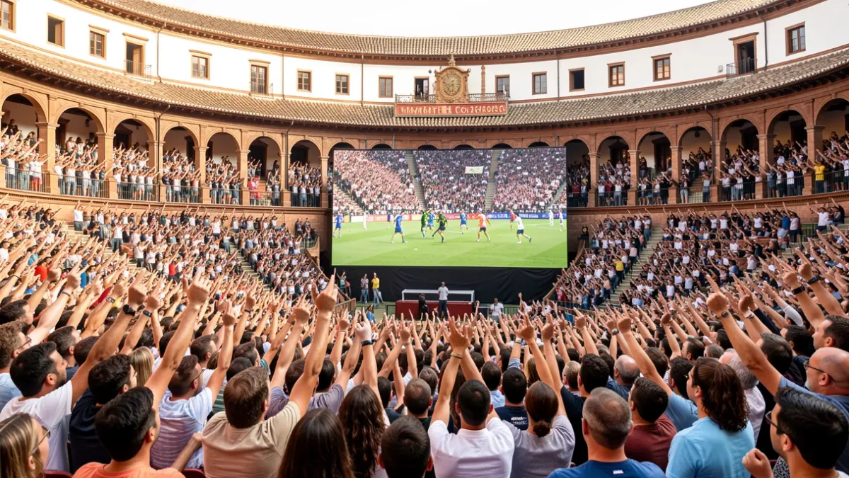 Spanish fans celebrating a goal at the Plaza de Toros in Almería during the match against Portugal.