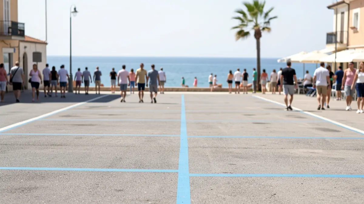 Zona de aparcamiento regulado en una localidad costera con líneas azules pintadas en el suelo.