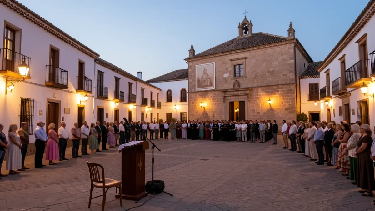 Andalusian town square at dusk with the illuminated town hall, preparing for an event.