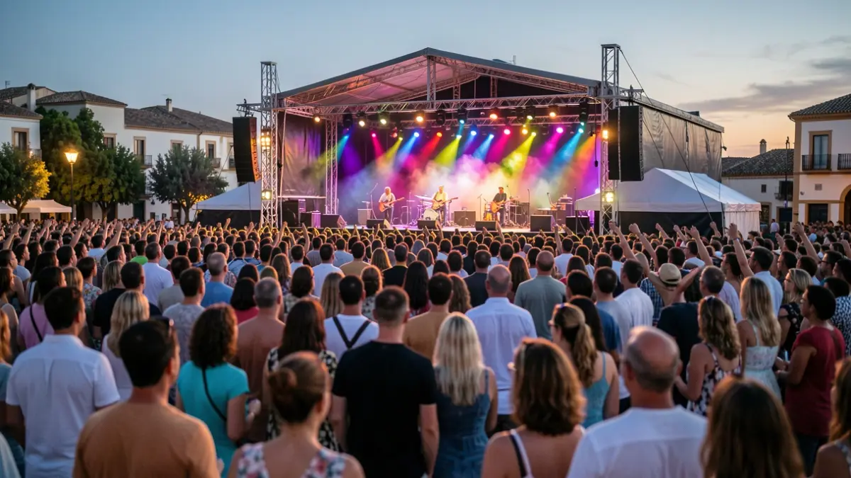 Generic image of an outdoor music festival with a lit stage and an enjoying crowd.