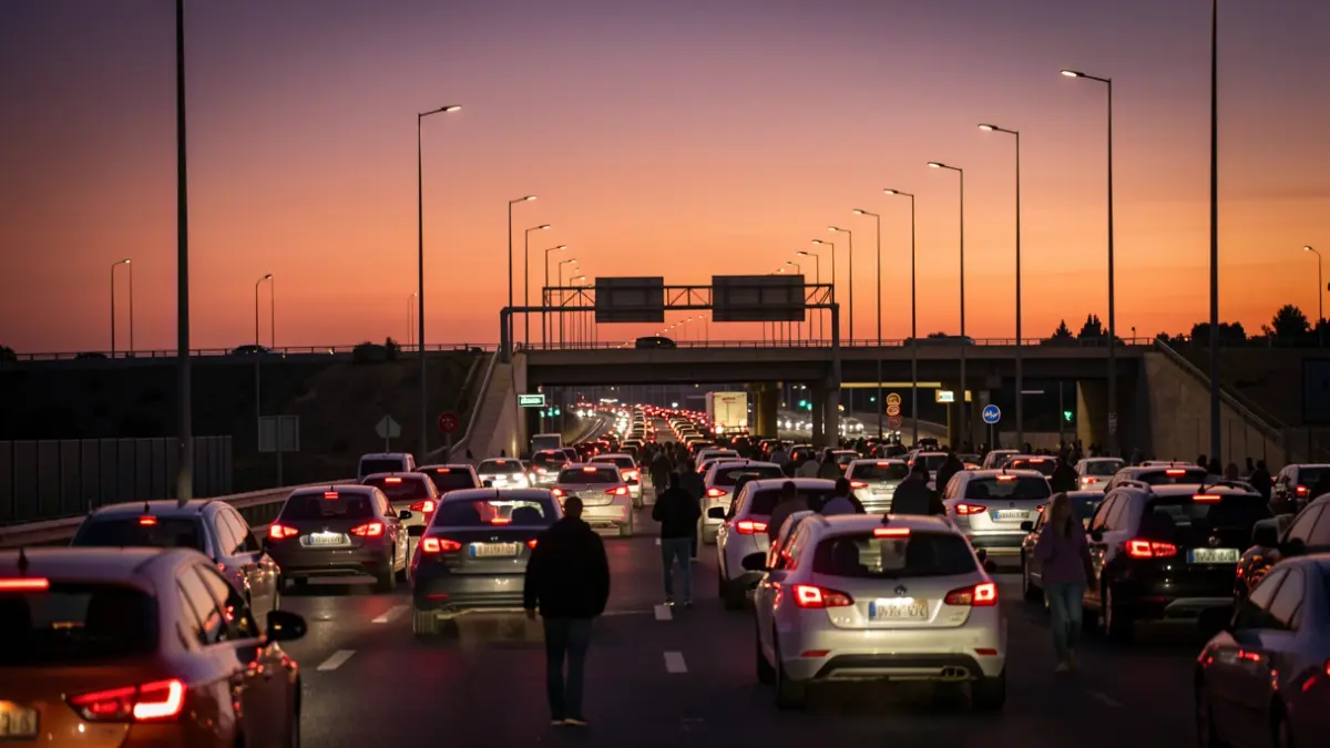 Imagen de una autopista andaluza al atardecer con tráfico denso.