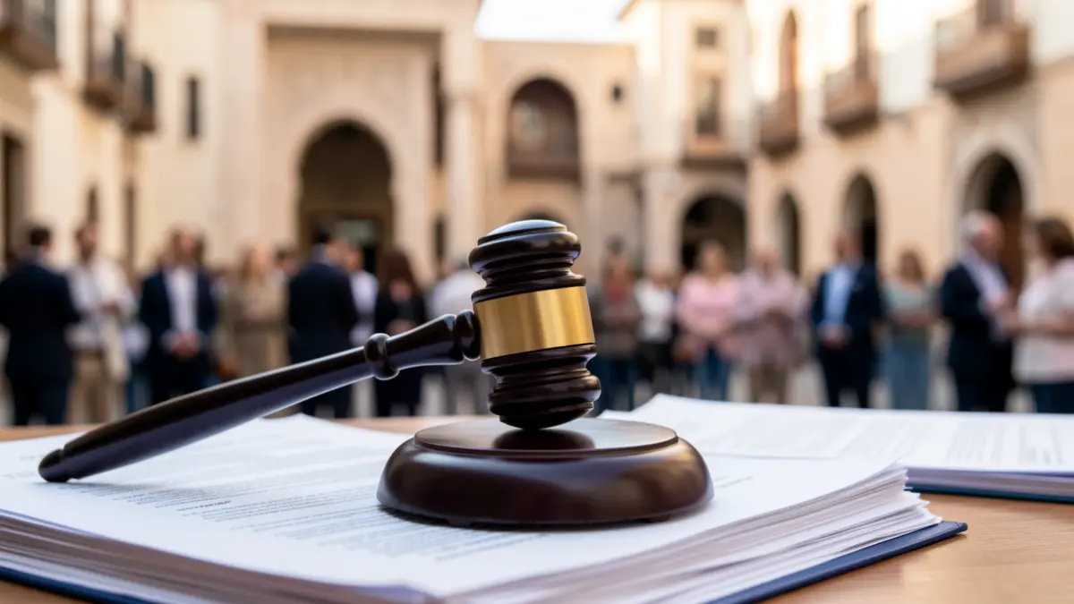Generic image of a judge's gavel on legal documents with blurred Andalusian architecture.