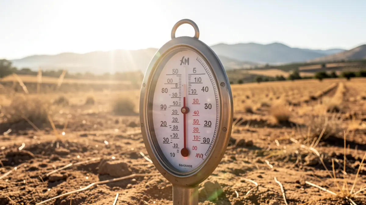 Thermometer showing high temperature in a dry, sunny Andalusian landscape.