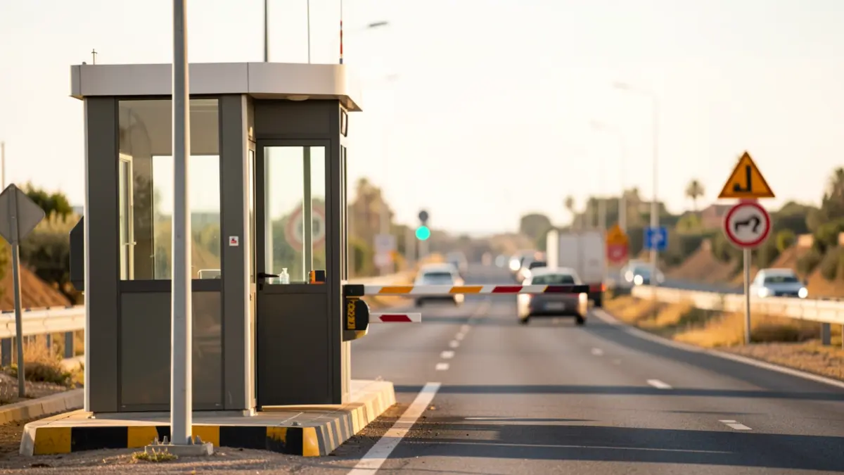 Cabina de peaje de autopista con barrera levantada, indicando paso libre temporal.