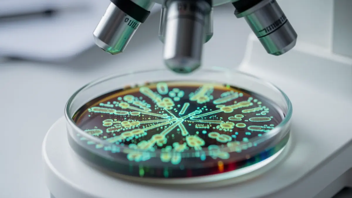 Petri dish with glowing bacterial culture under a microscope.