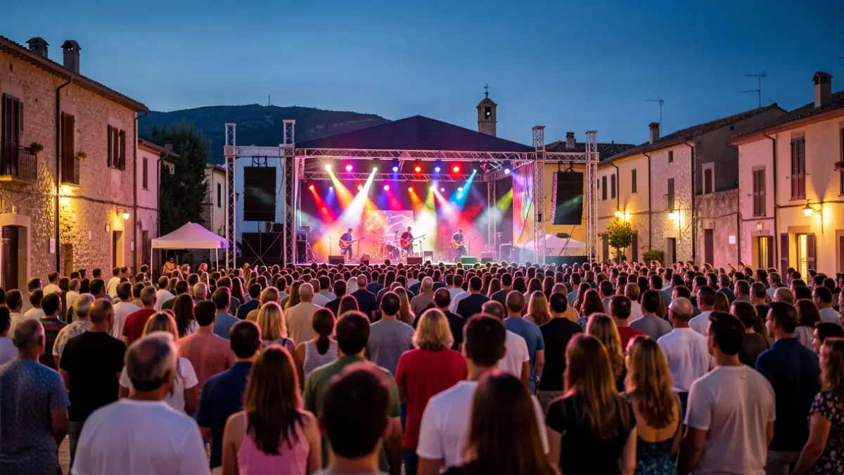 Escena de un festival de música al aire libre en Armilla con luces de escenario y público.