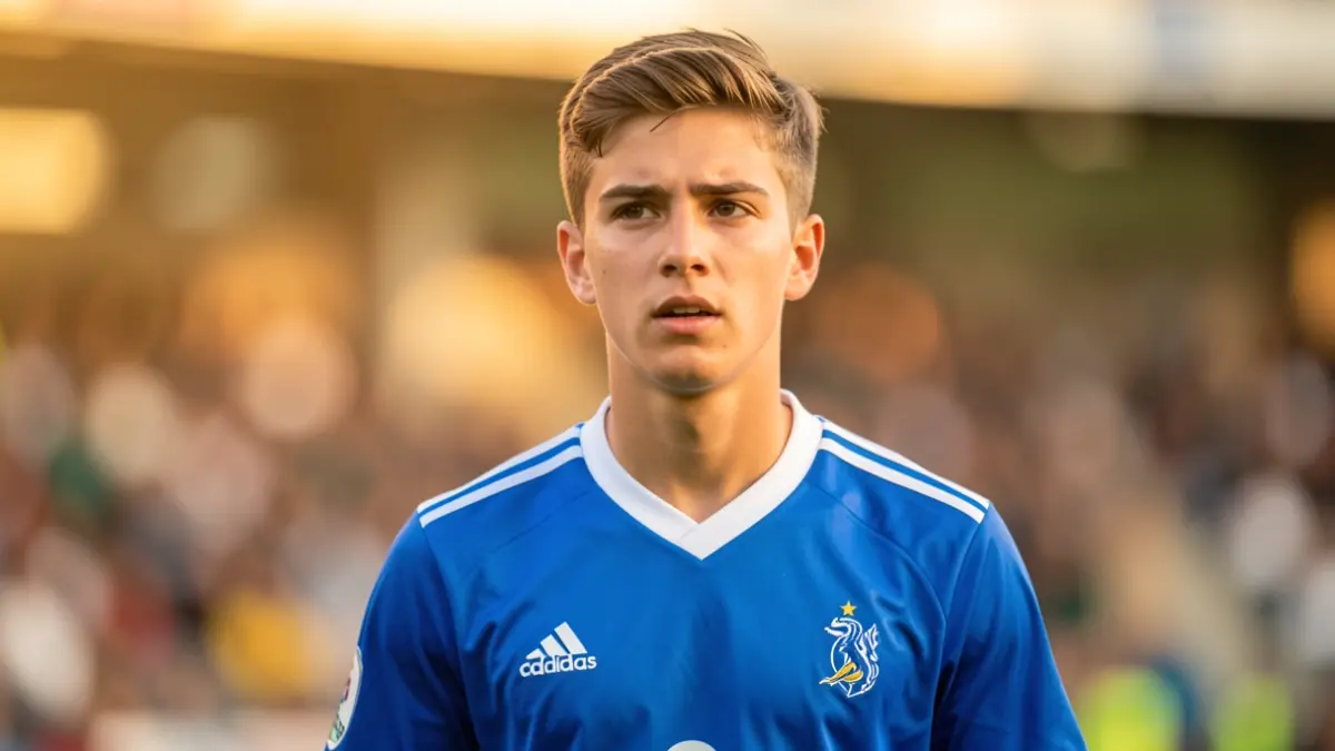 Imagen genérica de un joven futbolista con expresión de determinación.