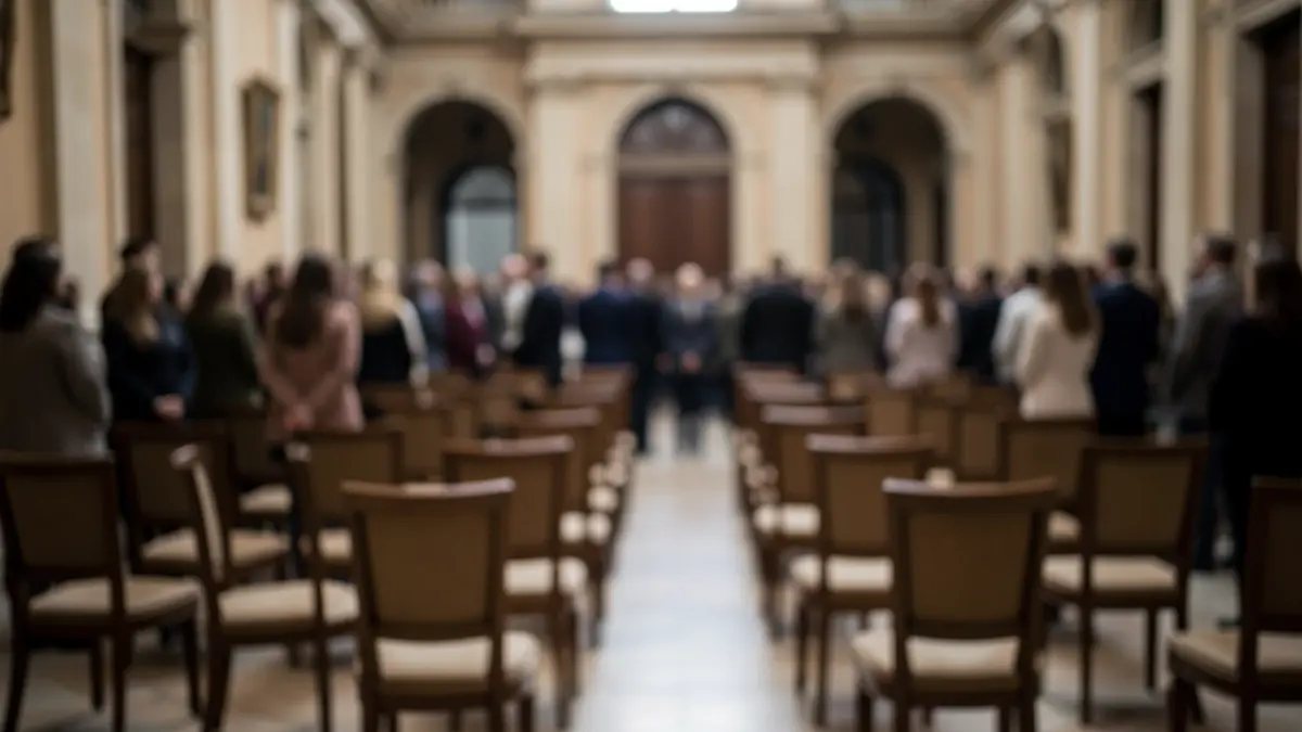 Generic image of an empty ceremony hall in the Palacio de San Telmo, Seville, with chairs arranged for a postponed official event.