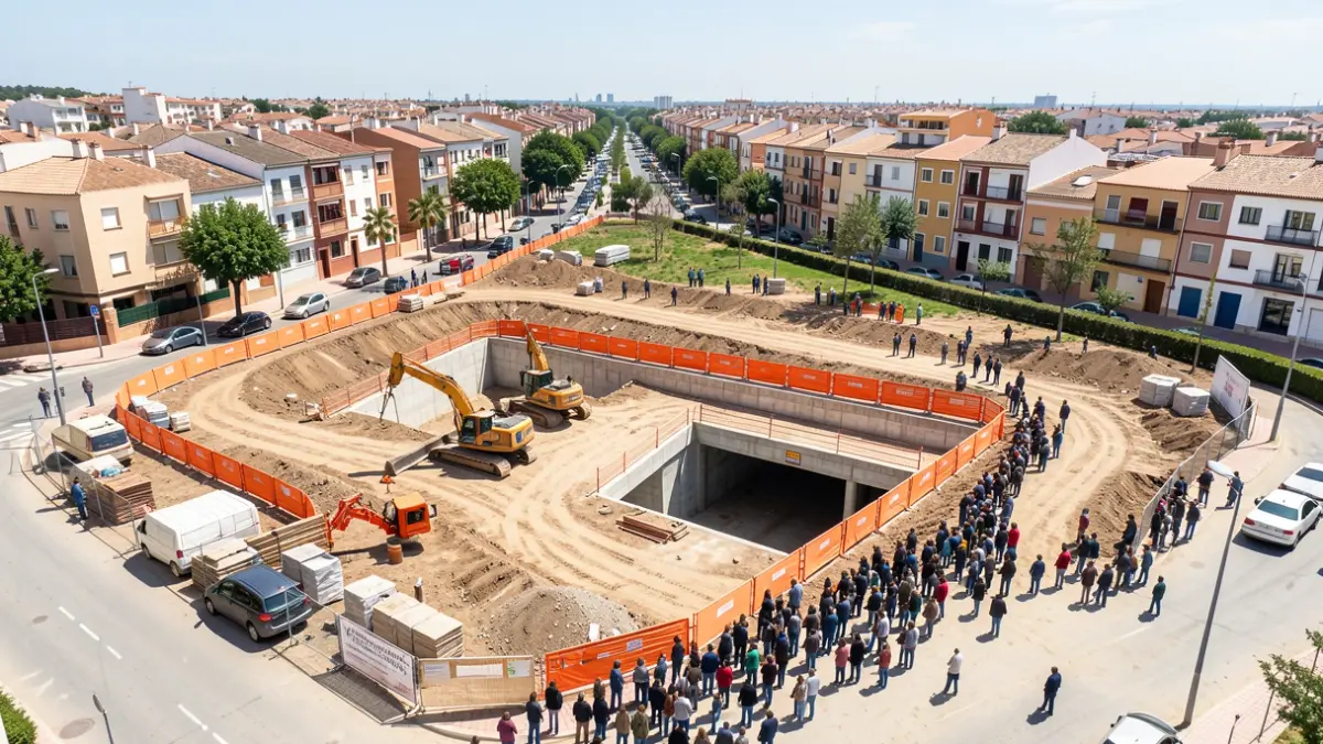 Vista aérea de la construcción de un aparcamiento subterráneo en Triana, Sevilla.