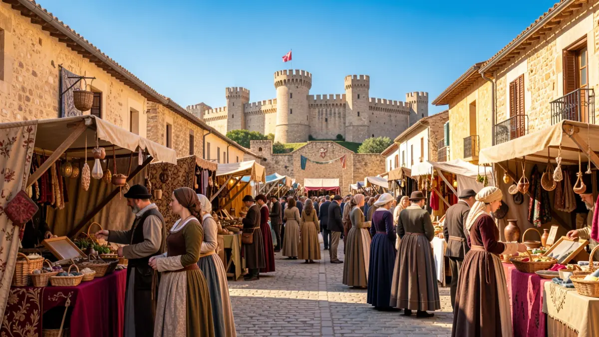 Medieval market in Arjona with artisan stalls and the Alcázar in the background.
