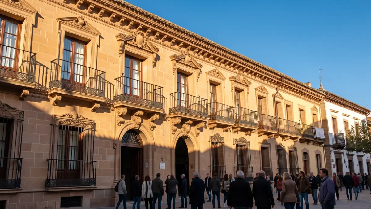 Fachada de un ayuntamiento andaluz tradicional con balcones ornamentados y barandillas de hierro, bajo la luz cálida del sol de la tarde.