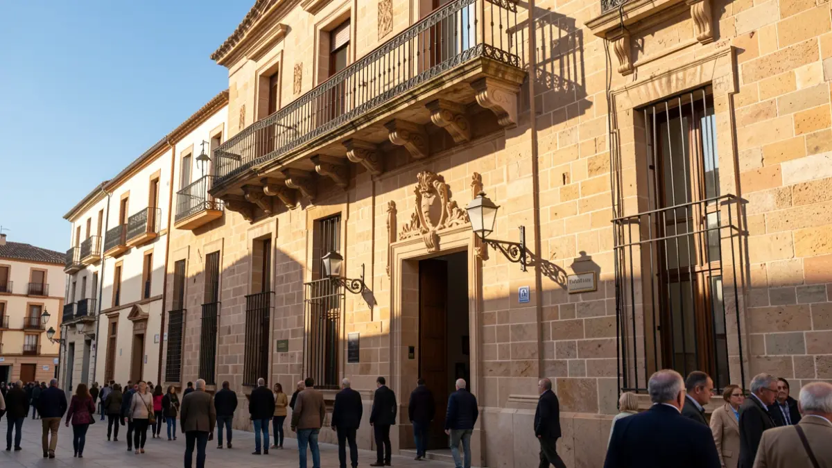 Fachada de piedra de un ayuntamiento andaluz con balcón ornamentado y barandillas de hierro, luz cálida de la tarde.