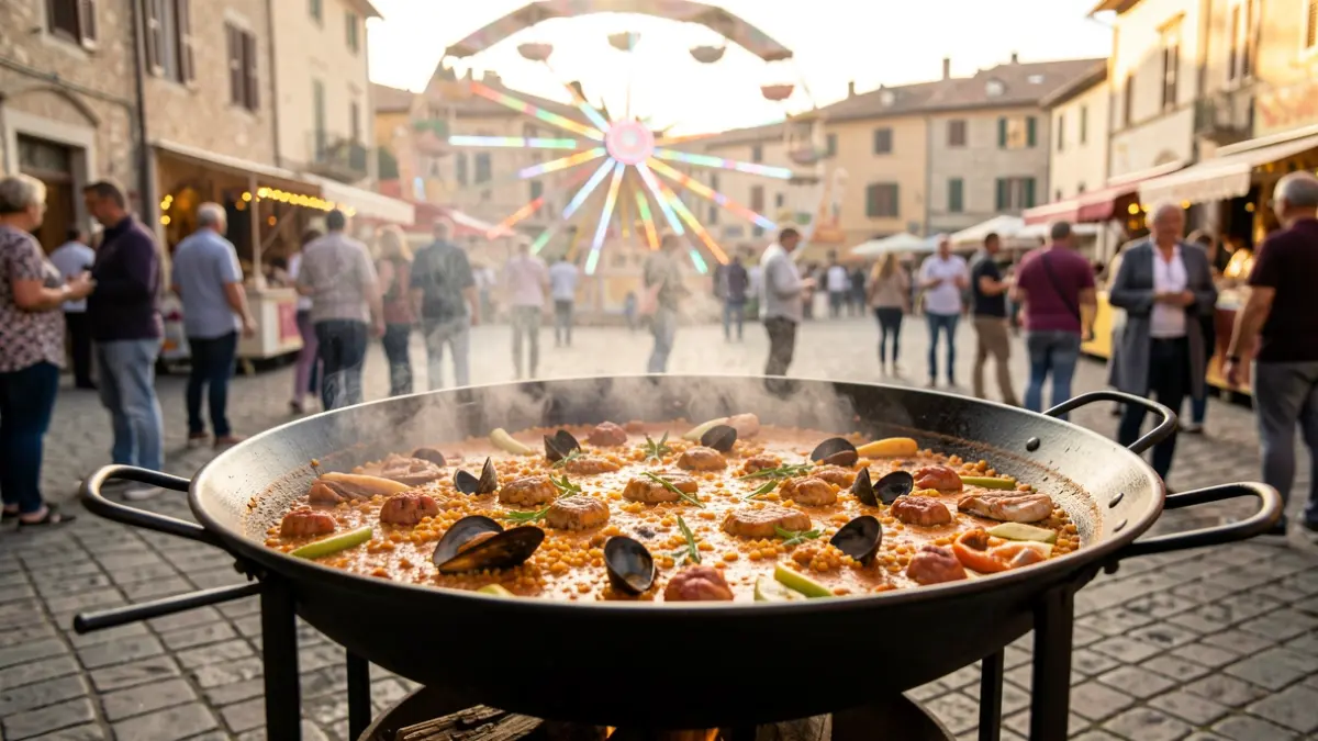 Imagen de una paella solidaria preparándose en un entorno festivo al aire libre.