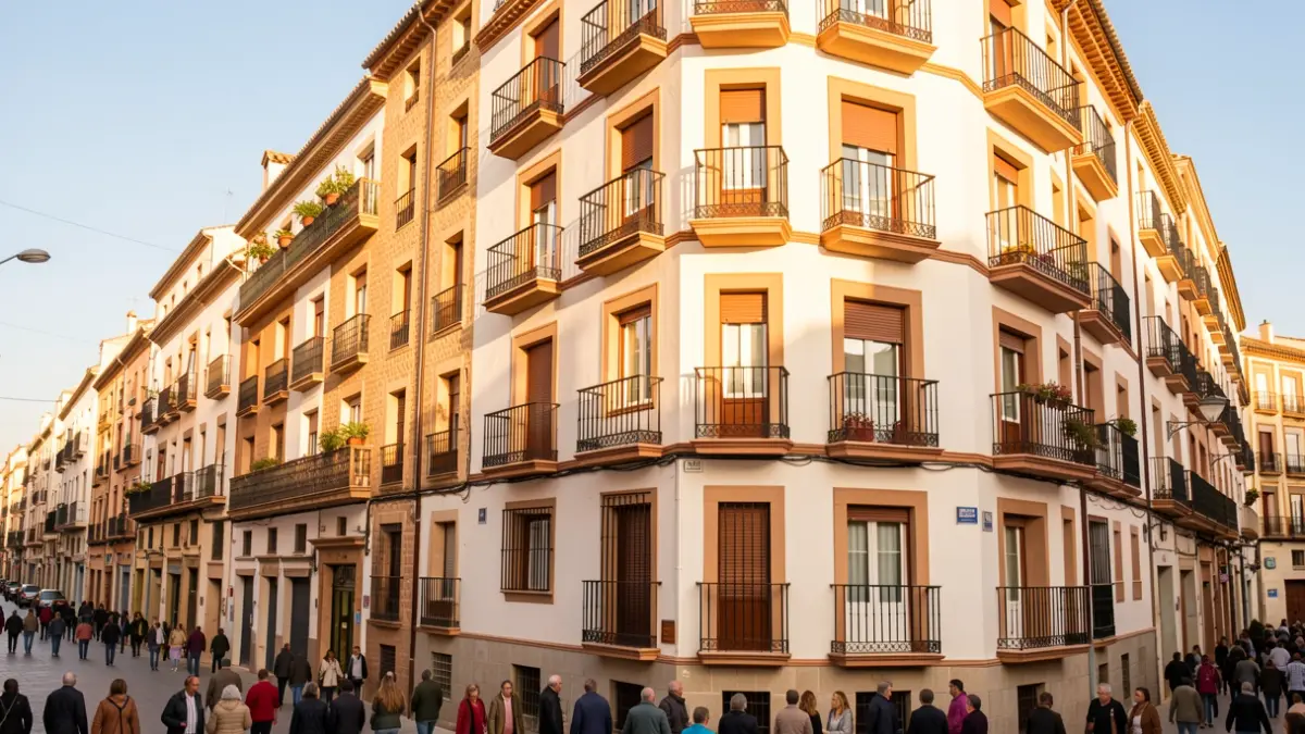 Fachada de un edificio de apartamentos en Jerez de la Frontera, Andalucía, con balcones y ventanas, bajo la luz cálida de la tarde.
