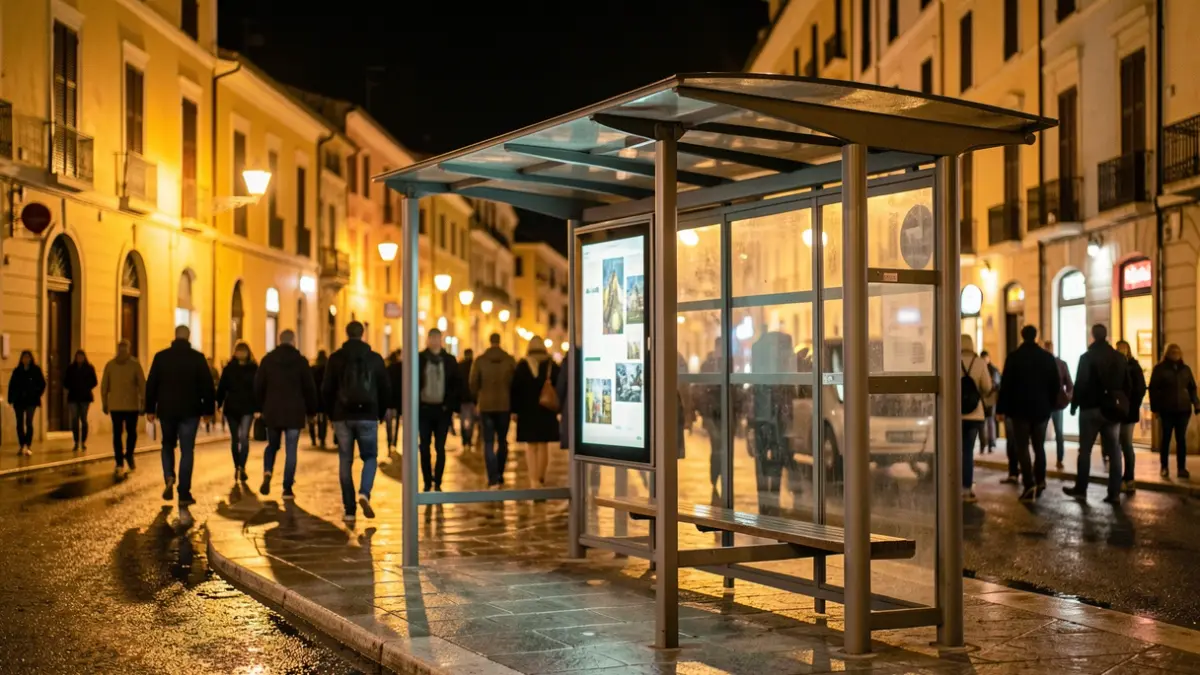 Night bus stop in a Mediterranean city with warm streetlights and wet pavement.