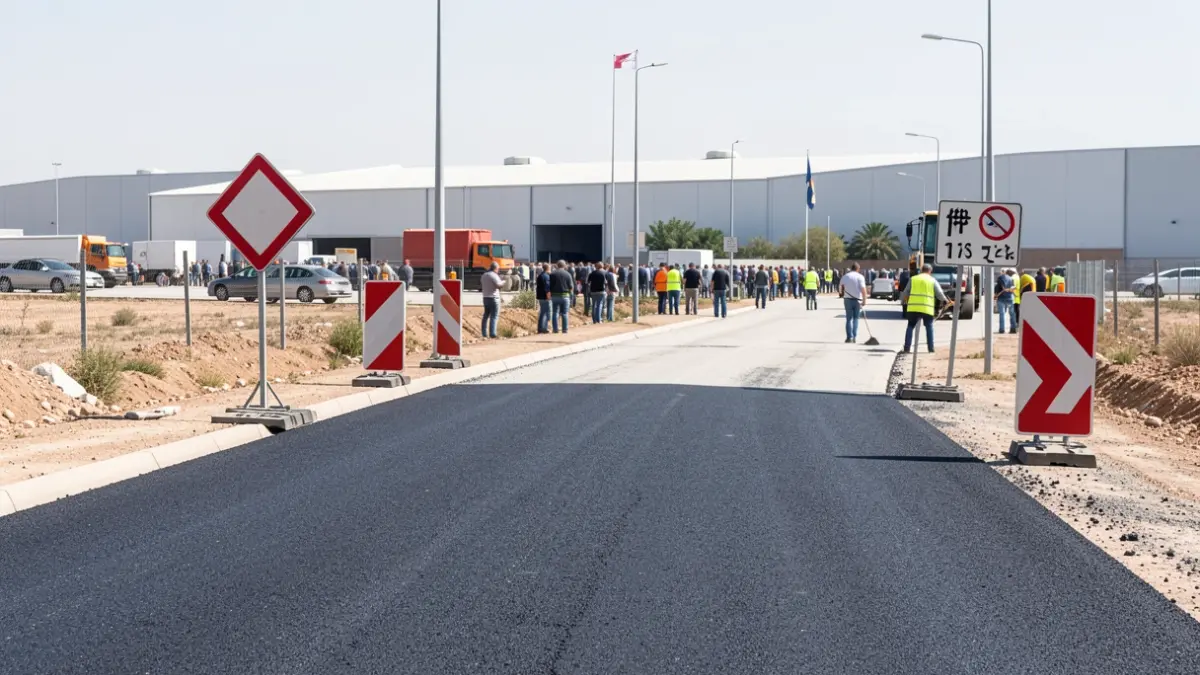 Imagen genérica de obras de asfaltado en una vía de servicio de un polígono industrial en Andalucía.