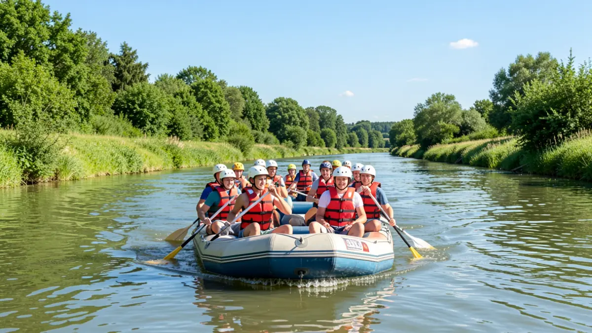 Young people on a rafting raft down the Genil River.
