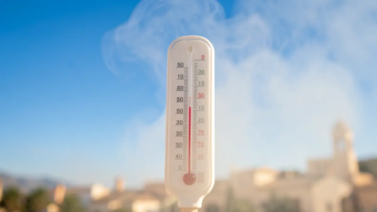Termómetro marcando alta temperatura con cielo despejado y calima.