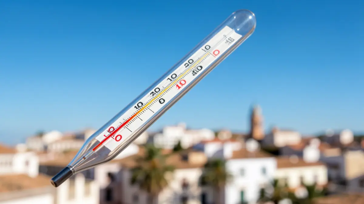 Termómetro marcando alta temperatura con cielo azul y ciudad andaluza borrosa.