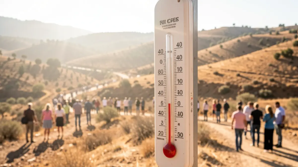 Termómetro marcando más de 40 grados en un paisaje seco de Andalucía.