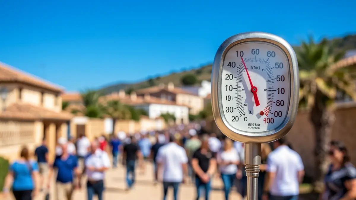 Termómetro marcando alta temperatura con paisaje andaluz soleado de fondo.