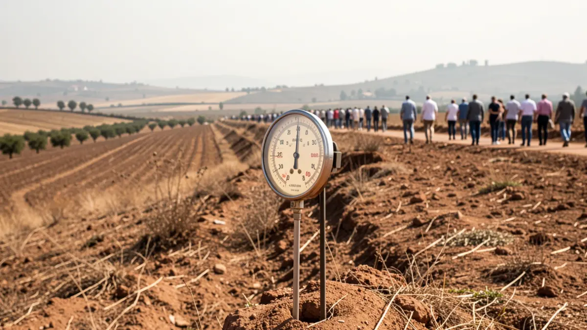 Thermometer showing high temperature in a dry, sunny Andalusian landscape.