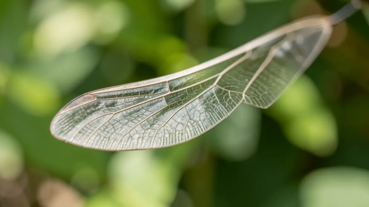 Primer plano de un ala de mosquito con detalles intrincados, sobre un fondo desenfocado de follaje verde.