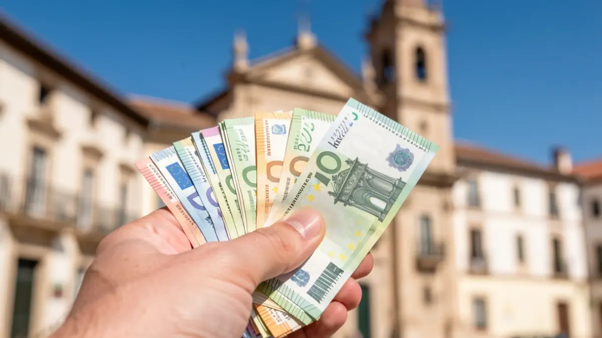 Manos sosteniendo billetes de euro con un ayuntamiento al fondo.