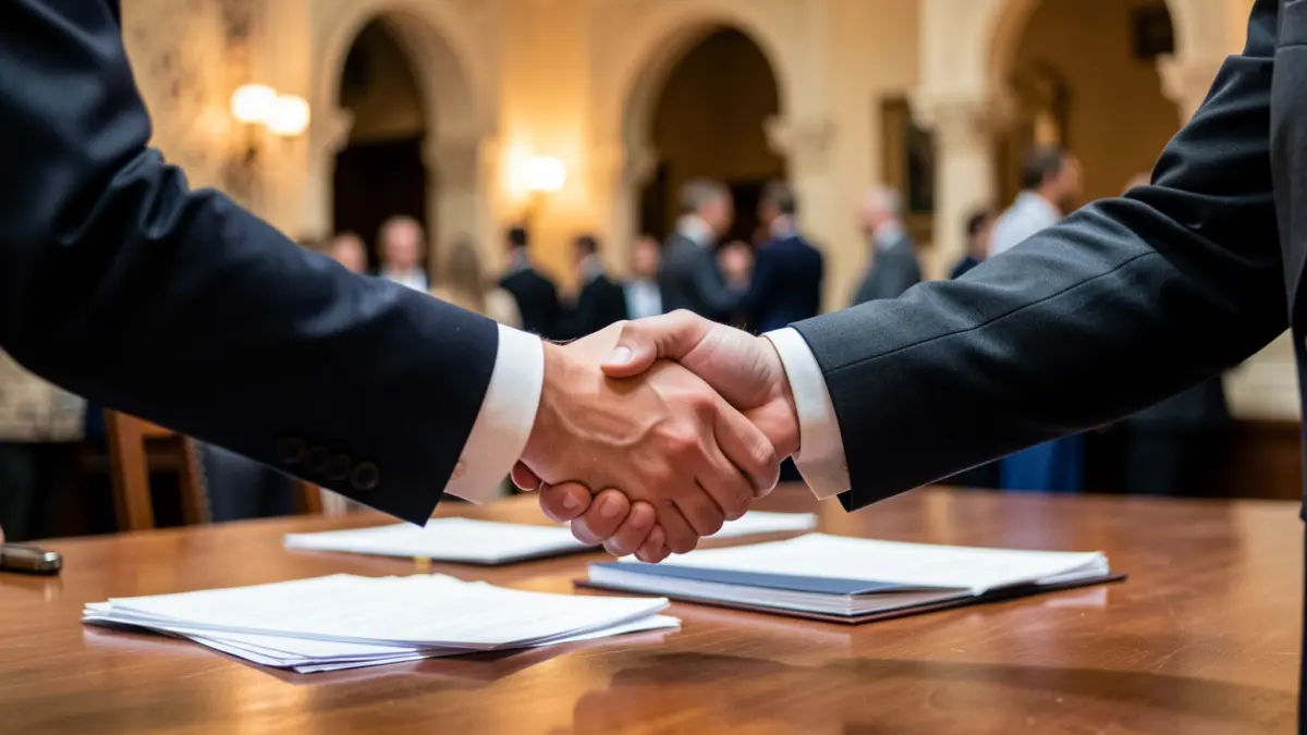 Generic image of two people shaking hands over a desk.