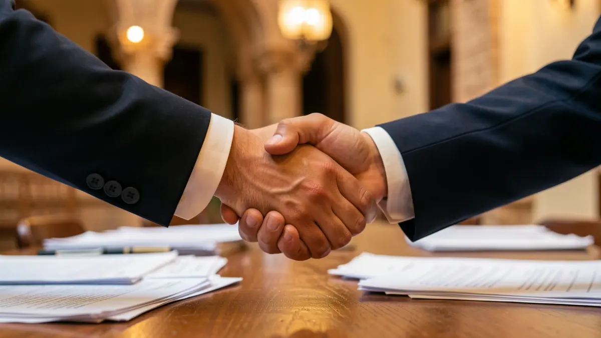 Imagen genérica de dos personas dándose la mano sobre un escritorio.