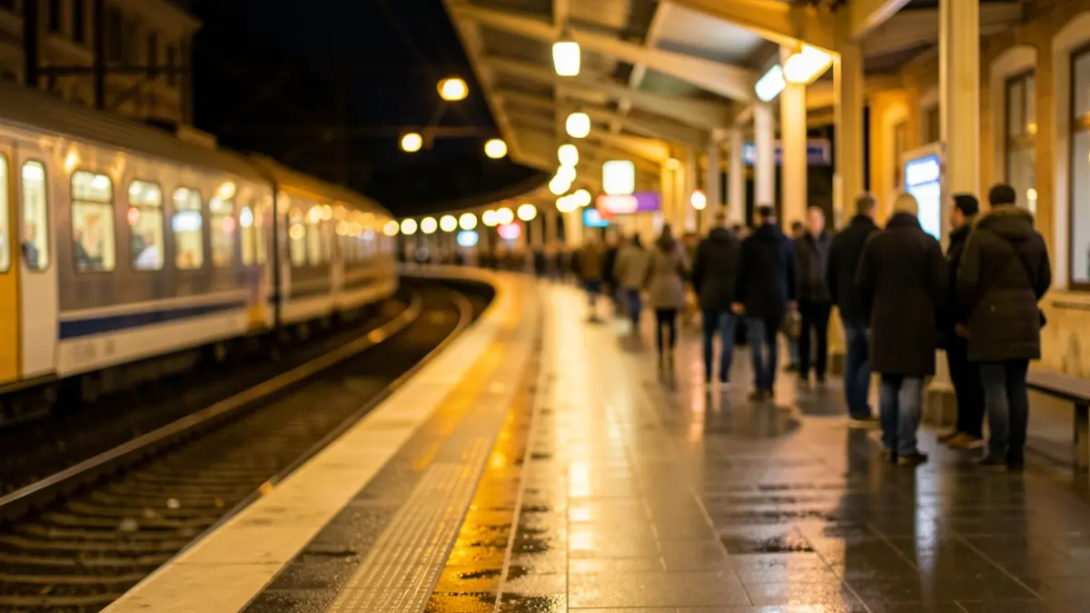 Generic image of a train station at night with warm lights and wet pavement.