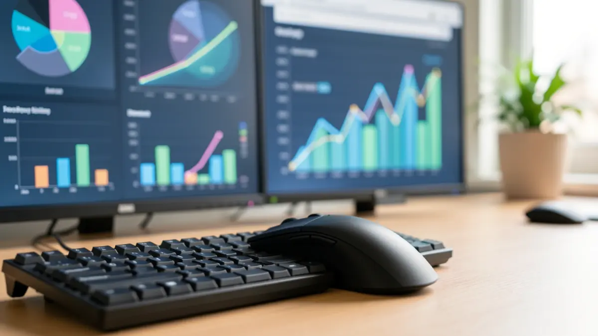 Imagen genérica de un ratón y teclado de ordenador con gráficos de datos borrosos al fondo.