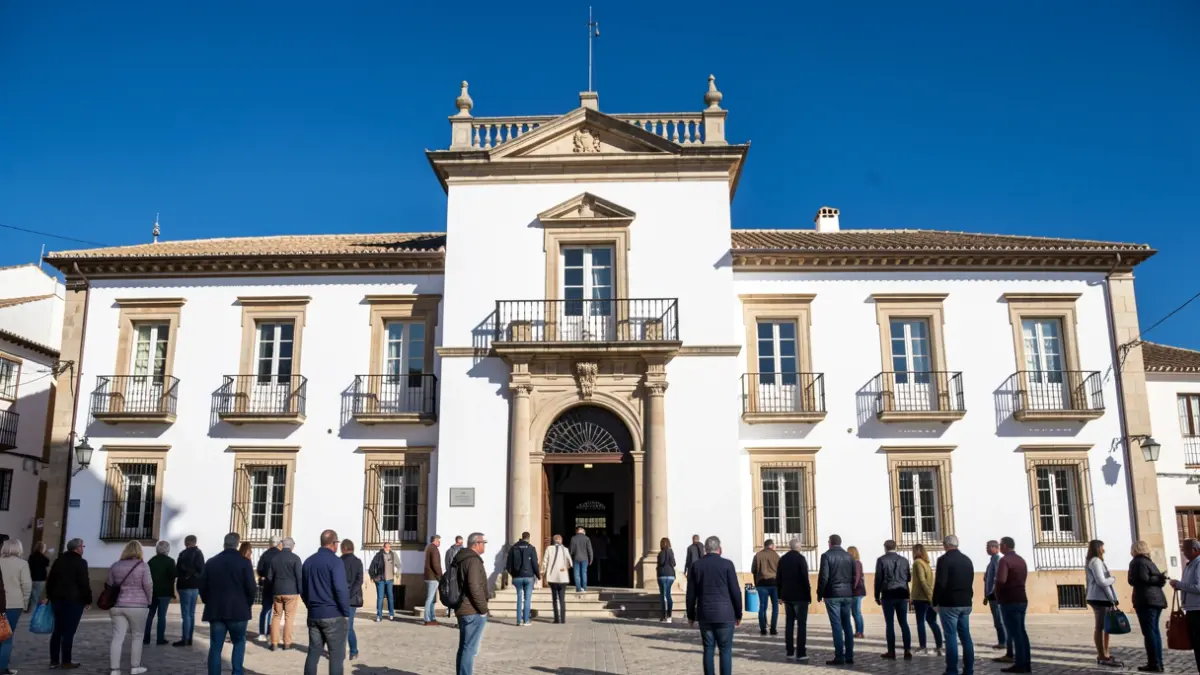 Fachada del Ayuntamiento de Tarifa bajo un cielo azul.