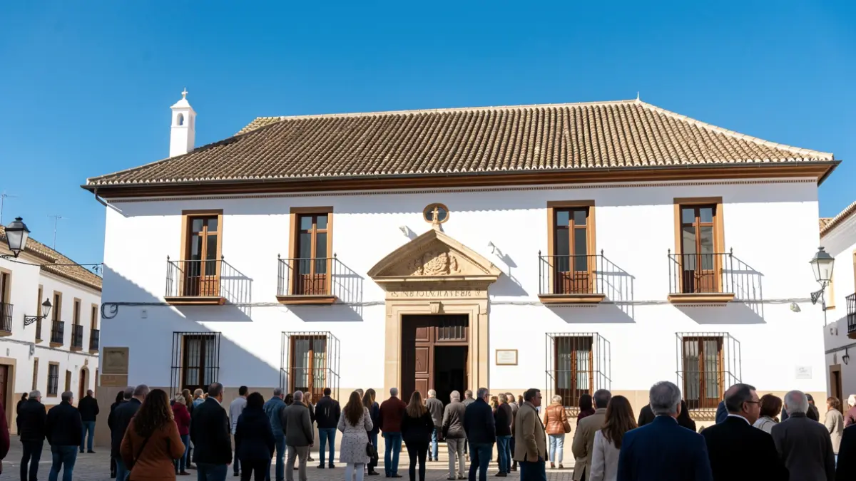 Fachada de un ayuntamiento andaluz tradicional bajo un cielo azul.