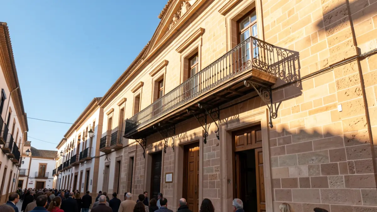 Fachada de un ayuntamiento andaluz con balcón ornamentado y barandillas de hierro, bajo la luz cálida de la tarde.