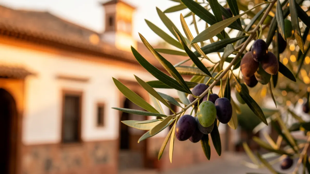 Olive branches with ripe olives, symbolizing the olive oil sector, with blurred Andalusian architecture in the background.