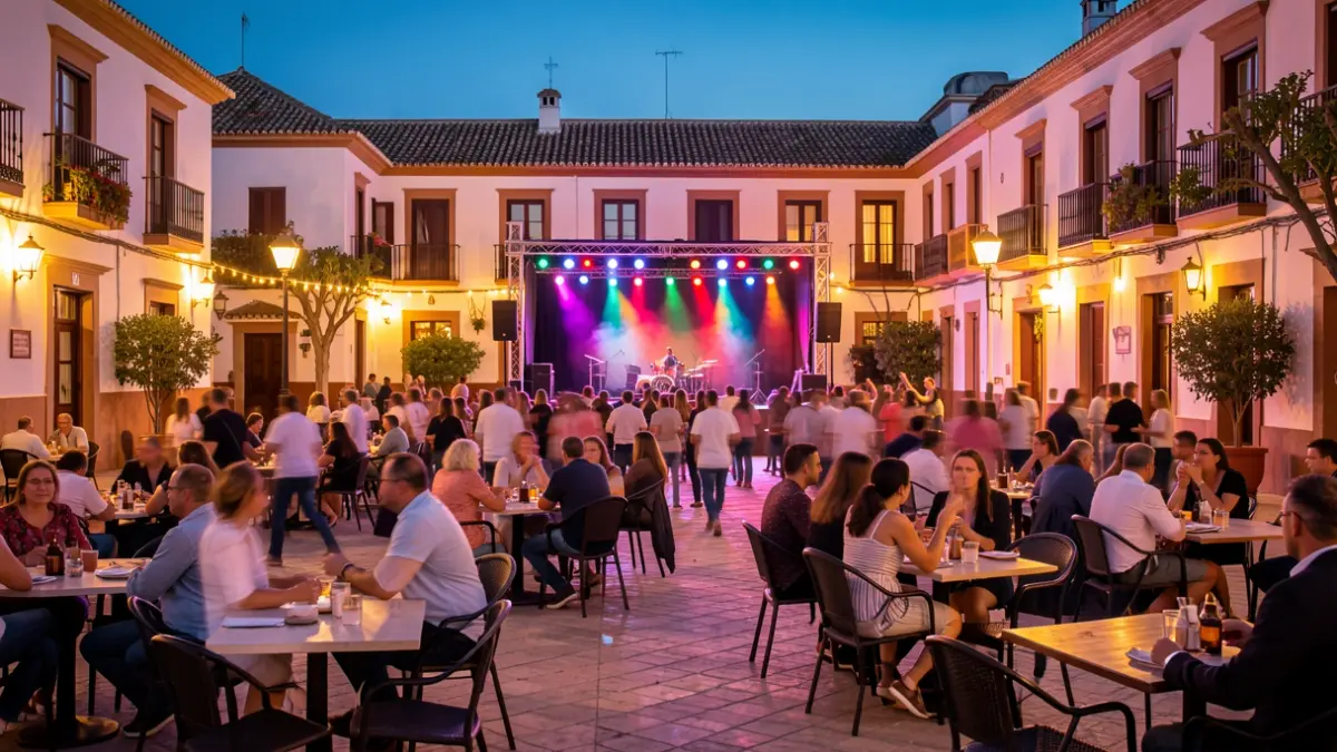 Generic image of a lively Andalusian town square at night.