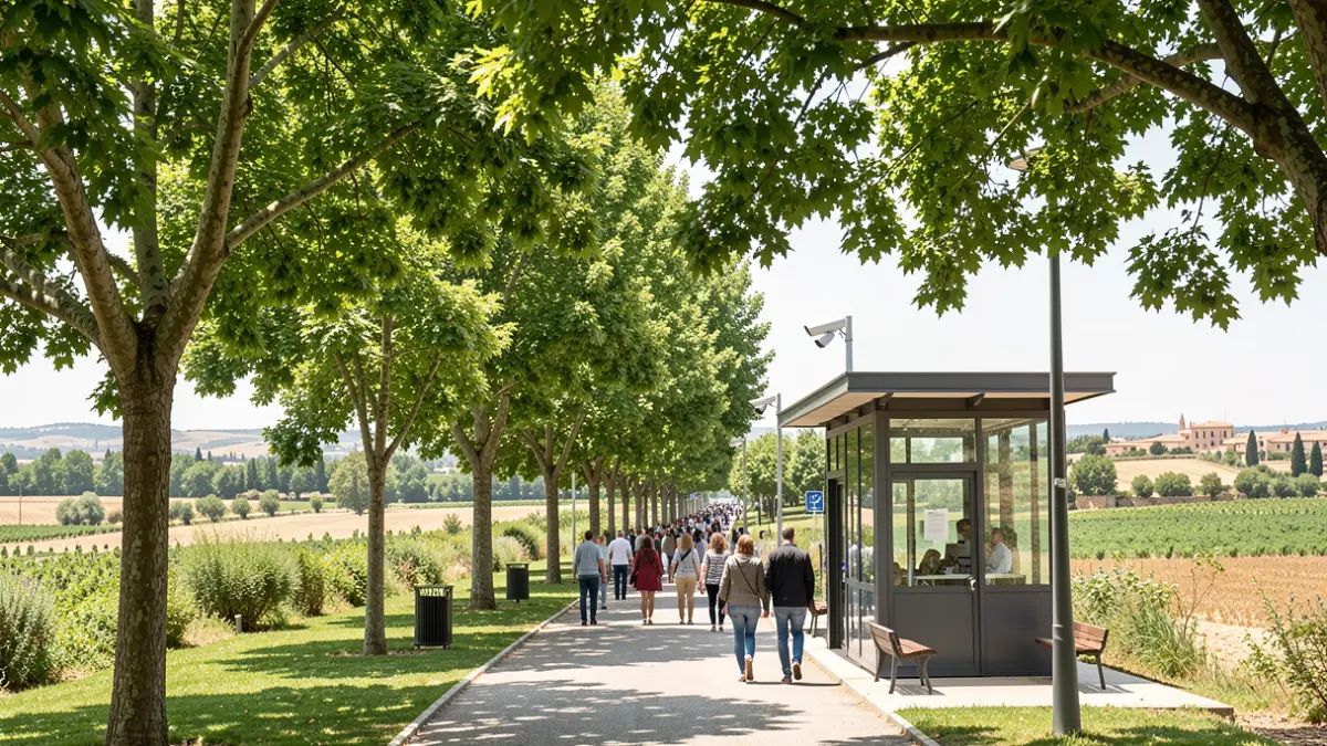 Image of the remodeled greenway in Baena with shaded areas and amenities.