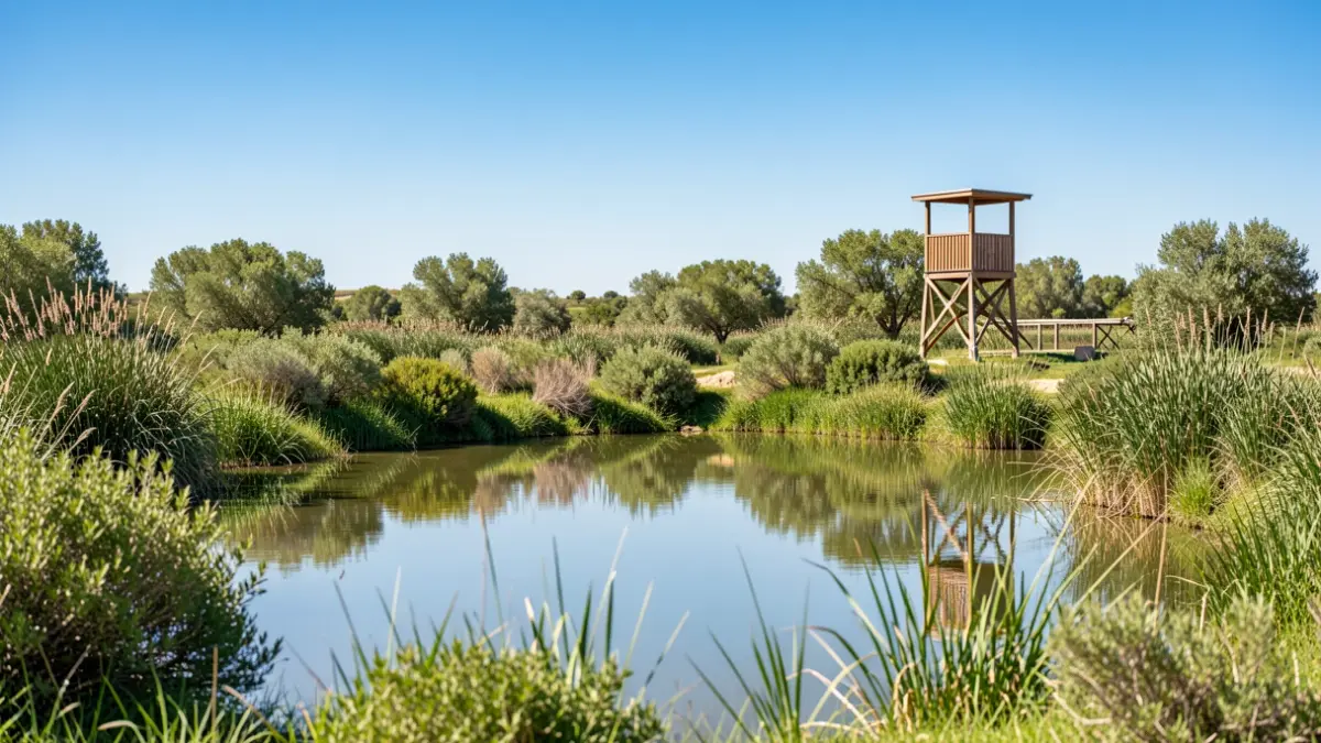 Paisaje de humedal con laguna, vegetación y observatorio de aves en Andalucía.