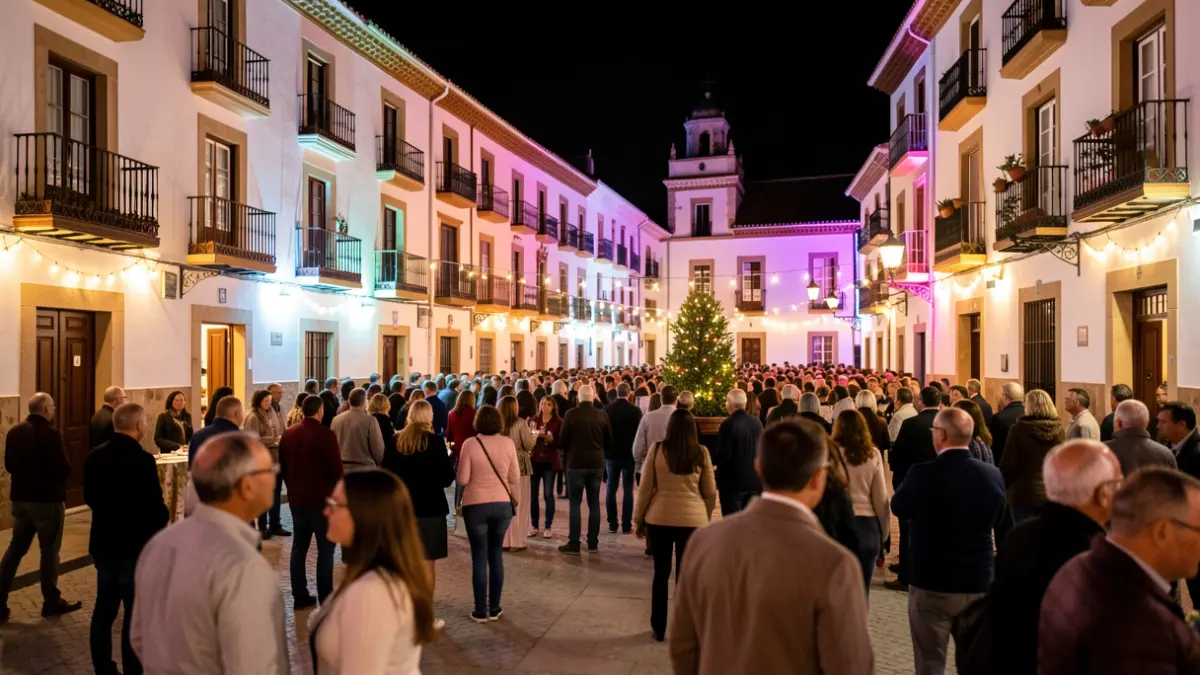 Generic image of a festive night in an Andalusian square with lights and people.