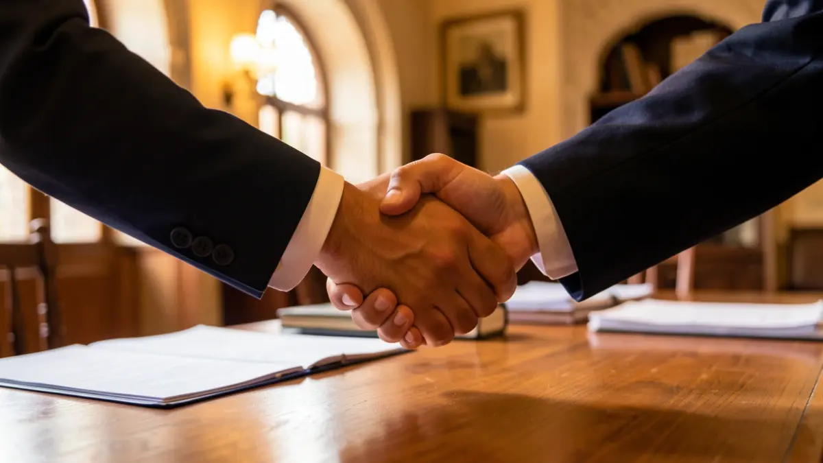 Generic image of two hands shaking over a desk with documents.