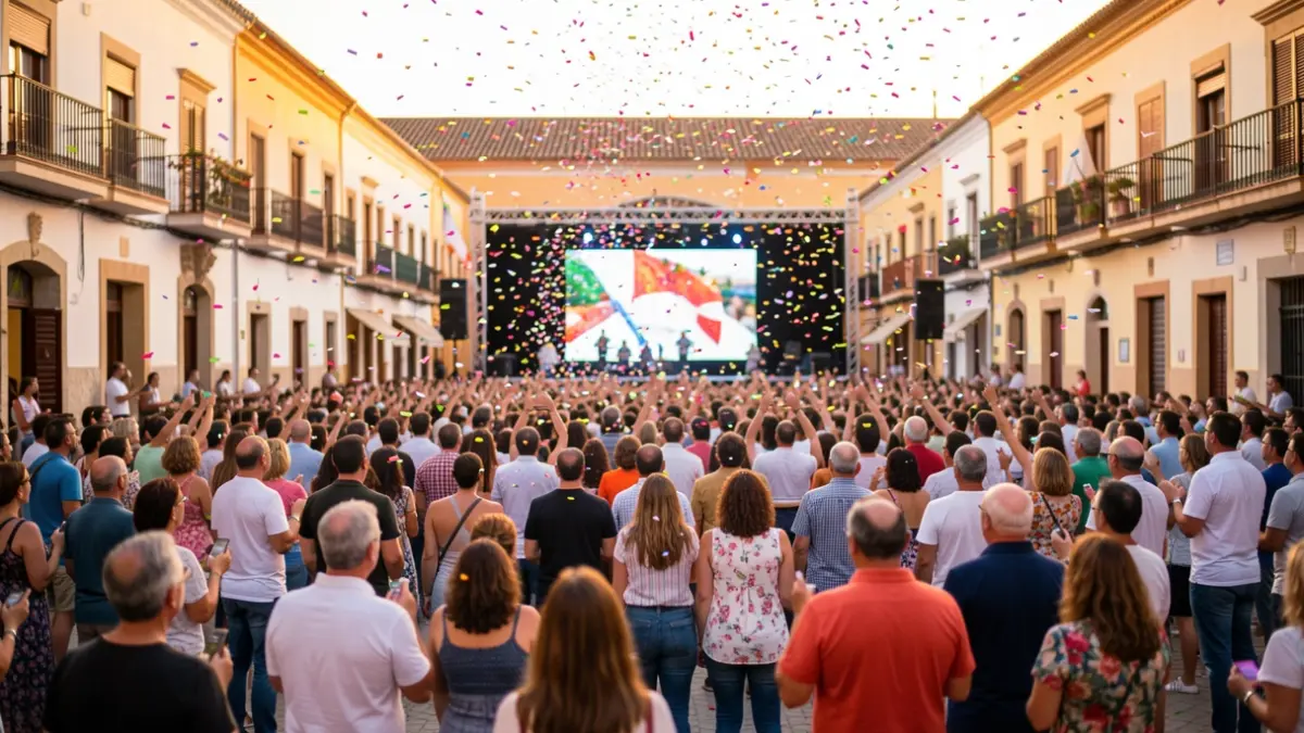 Generic image of a popular celebration in an Andalusian town with people and confetti.