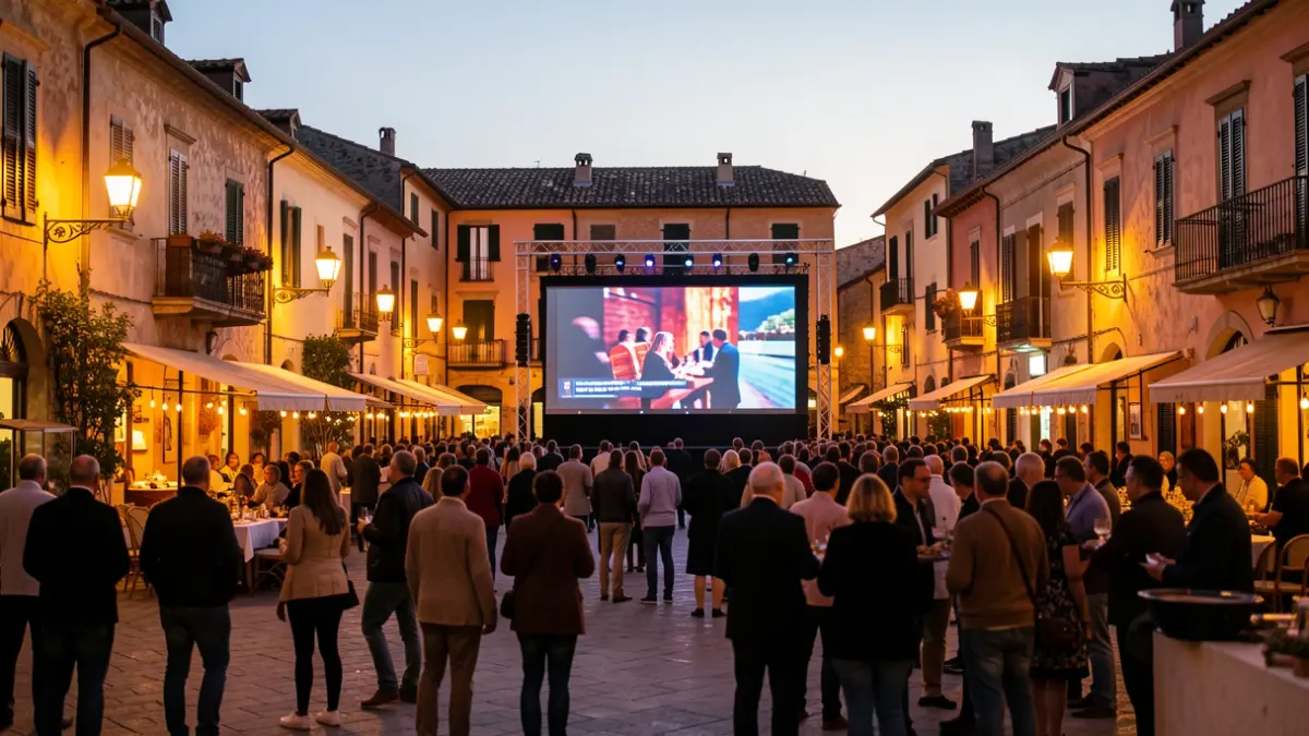Large screen installed in a town square to follow a television event.
