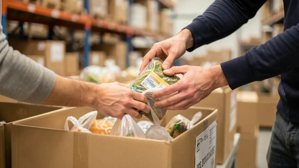 Manos distribuyendo alimentos en cajas.